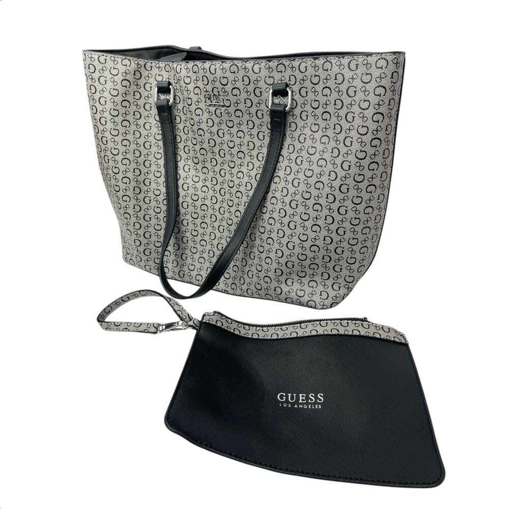 Guess Gray Black Monogram Jacquard Logo Removable Pouch Shopper Tote Bag OS